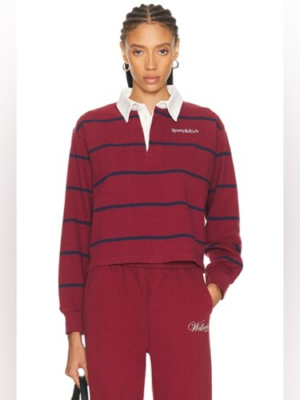 Sporty & Rich Merlot Rugby-Stripe V-Neck Sweater with White Collar NWT